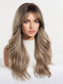 20 Inch Brown Wig With Blonde Highlights Wig Long Body Wave With Curtain Bangs , Machine Made Heat Resistant Synthetic Wig, Natural Looking Daily Wear Wig For Office & Party - Brown - View 5