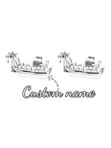 Customized Double-Layer Welded Earrings For Women, Personalized Letter Heart-Shaped Stud Earrings, Stainless Steel Crown Design 3D Nameplate Earrings - Silver - View 8