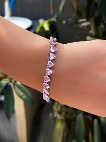 1 chiếc vòng tay hình trái tim tuyệt đẹp đính đá Cubic Zirconia màu hồng, mạ bạc, thích hợp cho nữ dự tiệc đính hôn/cưới, có kèm dây nối dài. - Hồng - Xem 4