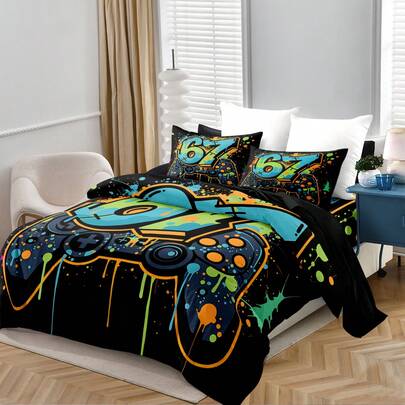 3件套游戏手柄印花被套套装（1个被套+2个枕套，不含被芯），67涂鸦数字游戏手柄床上用品套装，舒缓视觉疲劳，四季皆宜，拉链封口，适用于酒店、卧室、客房和宿舍装饰床上用品，易于打理，时尚轻盈，透气性好，易于护理，简约现代风格。