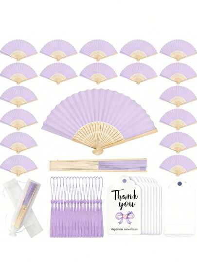 1-40把折叠扇，竹檀木手扇，附赠感谢卡、流苏和礼品袋，婚礼宾客回礼，新娘送礼会，教堂装饰（浅紫色）