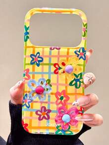Shockproof Flower Element Flower Y2K Dopamine 3D Colorful Flower Grid Line Floral Pattern Yellow Background Phone Case Compatible With IPhone 17 Pro Max 17 Pro 16 Pro Max 14 15 Pro 13 12 Pro 14 Plus 17 Air 11 Summer Jelly Candy Soft Cover Gift Party - Plaid Flowers - View 7