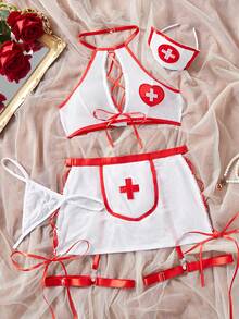 5件套女士性感夜店COS吊带深V开衩护士内衣套装，适合居家、夜店、私人派对或角色扮演，性感内衣 - 白色 - 查看 10