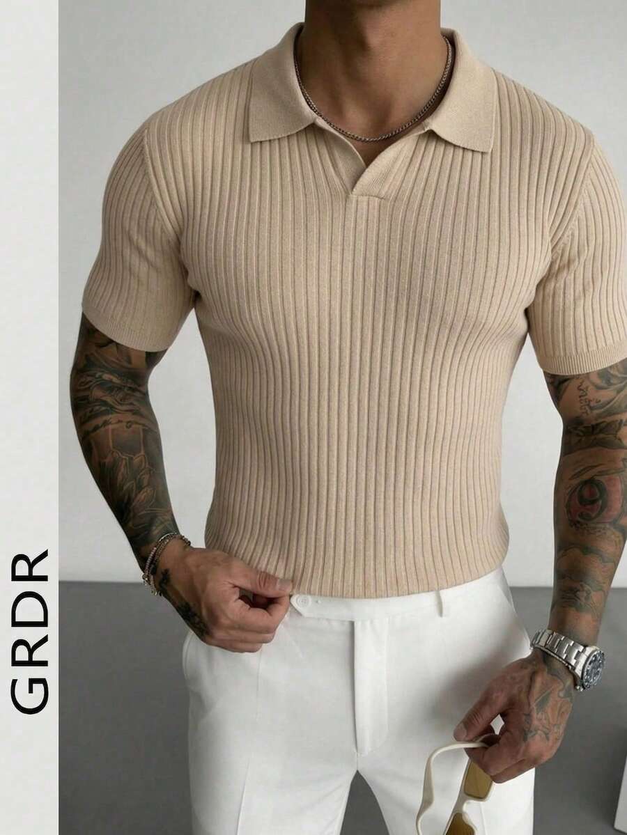 GRDR Men's Summer Solid Color Polo Collar Short Sleeve Knit Sweater, Suitable For Summer Outings, Essential For Fashionable Styling
