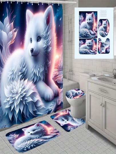 UAXIEP 梦幻浴室帘套装（1/4件），纯净治愈，充满迷人氛围。防水易清洁。套装包含：带12个挂钩的防水隔断、防滑浴垫、U型马桶垫、马桶盖套、浴室装饰品和浴室隔断。可机洗。营造温柔治愈的浴室氛围。精致实用的家居装饰礼品，每个家庭的必备之选。