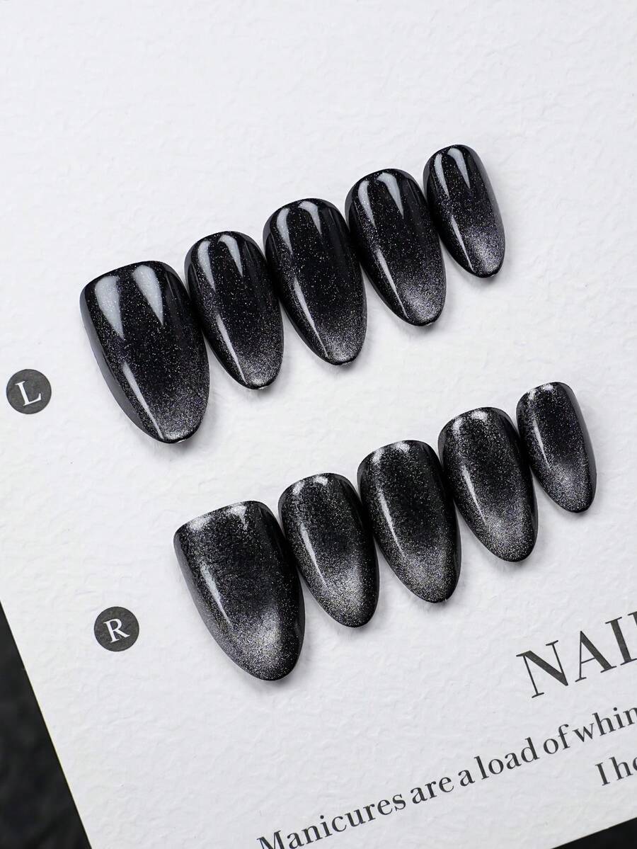 10片/套 手工制作 短款杏仁形可佩戴美甲贴片，黑色渐变闪粉装饰，适合女性和女孩，适合派对、夜店和日常佩戴，配有美甲工具，是理想的礼物之选，美甲贴纸，美甲配件，按压式美甲贴片 - 彩色 - 查看 1