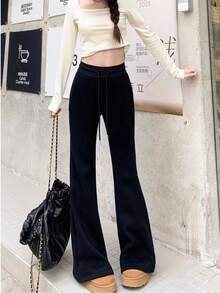 Women's Spring Autumn New High Waist Slim Flare Horseshoe Pants Sports Sweatpants - Black - View 4
