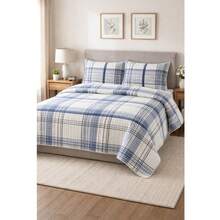 Queen Size Bedspread Set, 3 Pieces, Essencialle Cotton, 160 Thread Count, Various Colors, Blue Butterflies - kẻ caro xanh - Xem 3