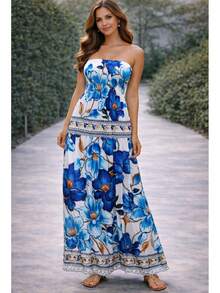 July Strapless Tropical Dress In Various Prints, 2025 Collection - 藍色花朵 - 查看 1