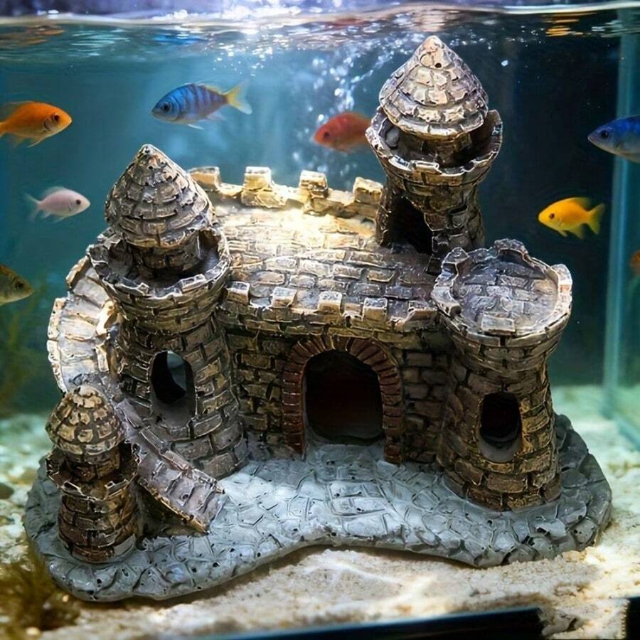 3件套水城堡水族箱装饰品，复杂鱼缸装饰，复古小城堡设计，带有精细的塔楼和拱形入口 - A - 查看 1