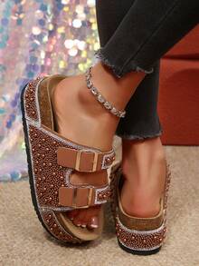 Gold Foil Fashion Crystal Thick Bottom Platform Slippers, Suitable For Spring And Summer - Brown - View 3