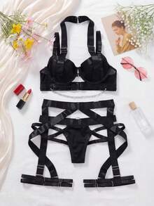 Bộ 3 món đồ lót gợi cảm màu đen dành cho nữ, gồm áo ngực dây xích và dây nịt. - màu đen - Xem 3