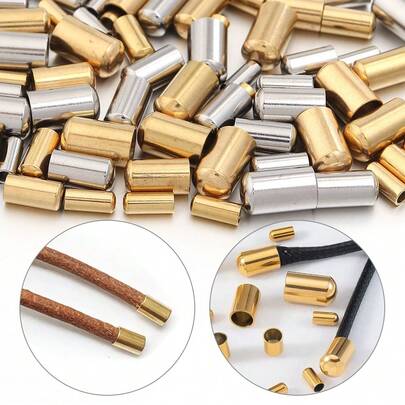 10/20个/包 不锈钢单孔皮绳端盖，圆柱形服装及珠宝制作配件，2-5毫米防过敏圆底端盖，适用于手链、项链、鞋带、腰带