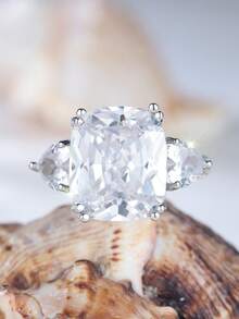 Vanel 1piece Luxury Silvery Cushion Cut White Cubic Zirconia Ring, Three-Stone With Side Accents Design, Fashion Jewelry For Women, Elegant Jewelry Gift For Her - Silver-white - View 4