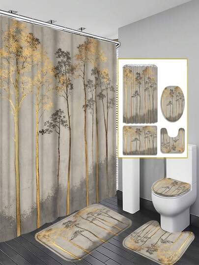 Bộ 4 món rèm tắm họa tiết rừng vàng, cây vàng trừu tượng trên nền xám, trang trí phòng tắm hiện đại tối giản nghệ thuật, phụ kiện phòng tắm bao gồm thảm tắm, thảm chữ U, bọc bồn cầu, 12 móc treo, rèm tắm 180x180cm, phong cách hiện đại tối giản, sang trọng, nghệ thuật tự nhiên, quà tặng trang trí nhà cửa thanh lịch và thiết thực, đồ dùng thiết yếu cho gia đình.