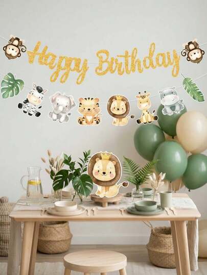可爱丛林动物生日快乐横幅，金色闪光野生动物主题纸质彩旗，适用于儿童生日派对、婴儿派对、丛林主题派对装饰生日快乐横幅