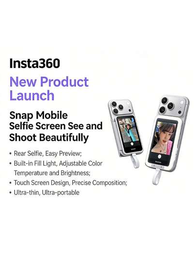 Insta360 휴대폰 후면 셀카 디스플레이, 셀카 스크린 프로젝터, 즉석 카메라, 셀카 카메라 기기, 터치스크린 디자인, 초슬림 및 휴대성, Apple 및 Android 모두 호환.