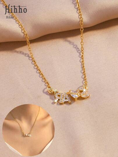 Hihho 1件甜美酷炫字母项链，心形锆石+全锆石字母+星星吊坠三重设计，适合通勤和约会穿搭。自带气场，优雅别致，也是提升精致造型的贴心礼物。