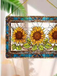 2D Flat Acrylic Sunflower Stained Glass Window Hanging - Rectangular Vintage Frame Suncatcher Decor For Home, Kitchen & Flower Lover Gift - Multicolor - View 3