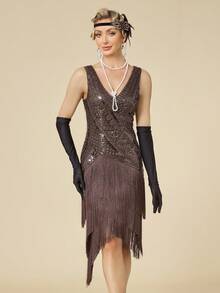 1920s Flapper Dress Long Fringe Gatsby Dress Roaring 20s Sequin Beaded Dress Wedding - Coffee Brown - View 5