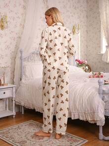 2pcs Teddy Bear Print Pajama Set, Sweet & Cute Lapel Button Long Sleeve Top And Pants, Women Sleepwear & Loungewear For Home Use - Apricot - View 2