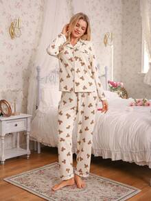 2pcs Teddy Bear Print Pajama Set, Sweet & Cute Lapel Button Long Sleeve Top And Pants, Women Sleepwear & Loungewear For Home Use - Apricot - View 3