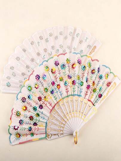 1把亮片塑料手柄扇子，舞蹈扇，太极扇，彩色折叠扇，孔雀舞扇，礼品扇，开合顺畅