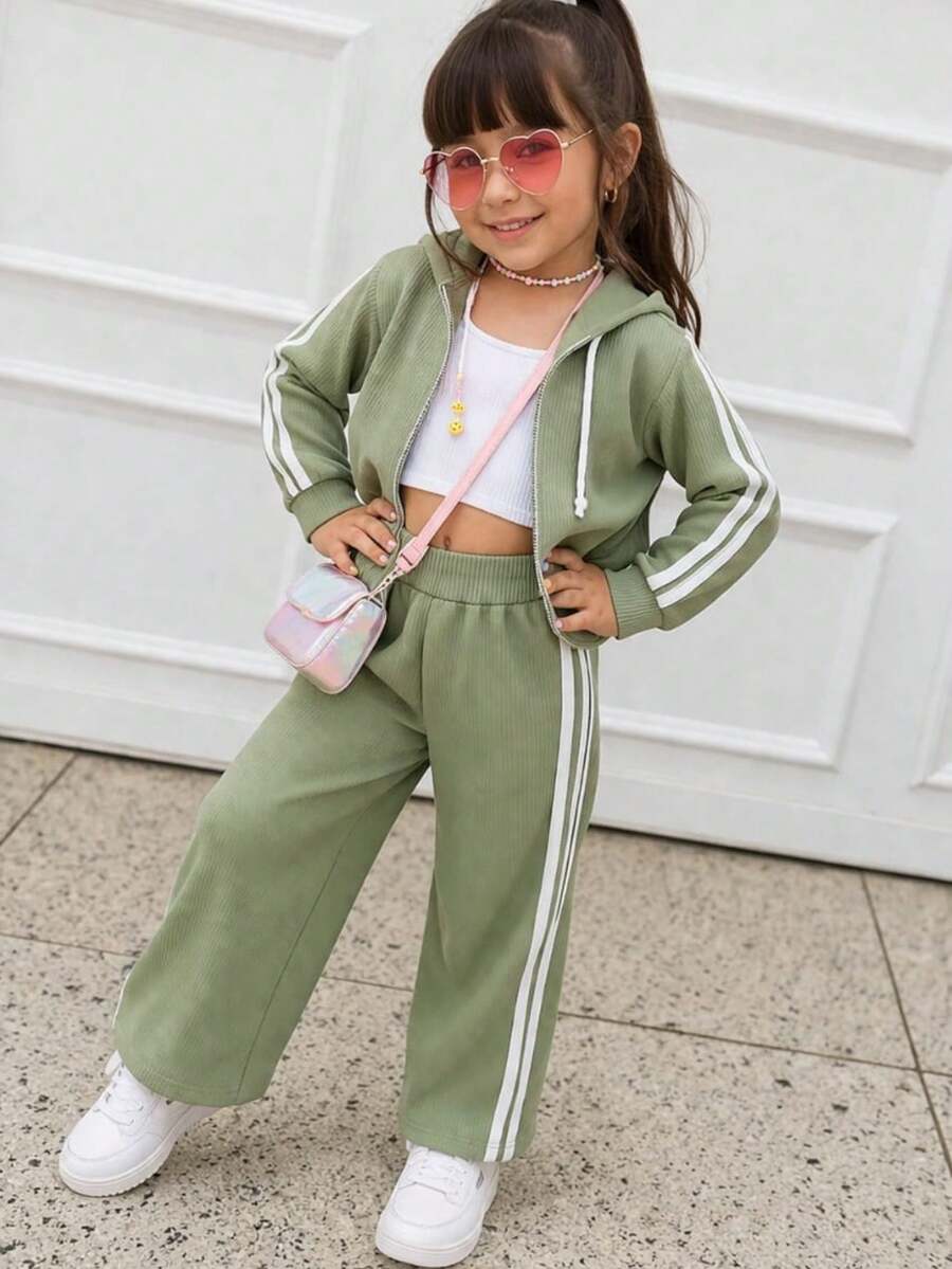 Girls' Tracksuit Set, Pants And Top, Side Stripe With Hood, Autumn/Winter, Princess Fashion - Màu xanh Ô liu - Xem 1