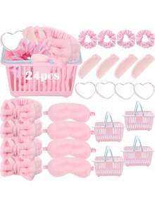 24 Stück/4 Sets SPA Party Set, beinhaltet 4 herzförmige Spiegel, 4 rosa Stirnbänder, 4 Satinhaarschleifen, 4 Kämme, 4 Schlafmasken und 4 kleine Körbe. Geeignet für Damenpartys, Muttertag, Feiertagsgeschenke, Übernachtungsparty Zubehör - Rosa Set - Übersicht 1