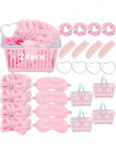 24 piezas/4 sets Set de Spa Party, incluye 4 espejos con forma de corazón, 4 diademas rosas, 4 lazos de satén para el cabello, 4 peines, 4 antifaces para dormir y 4 cestas pequeñas. Adecuado para fiestas de damas, Día de la Madre, regalos festivos, suministros para pijamadas