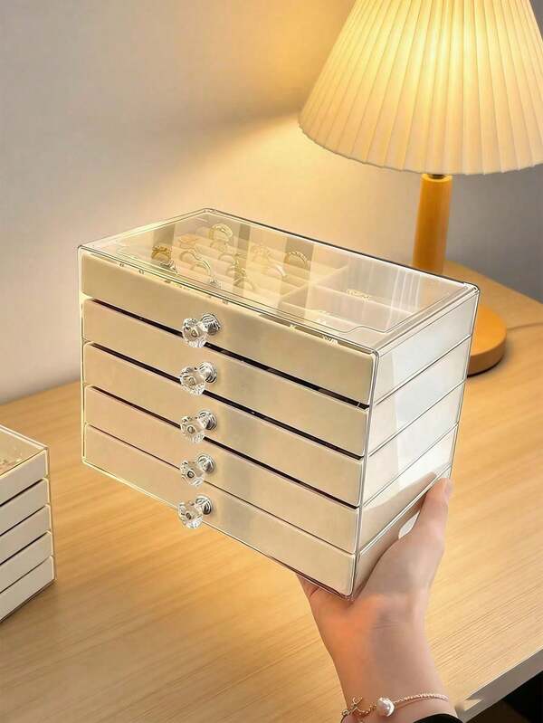 1 hộp đựng trang sức 7 ngăn, 5 lớp, chất liệu nhung, kiểu ngăn kéo, hộp đựng nhẫn, hộp đựng bông tai, hộp đựng trang sức 3 lớp bằng nhựa trong suốt và nhung.