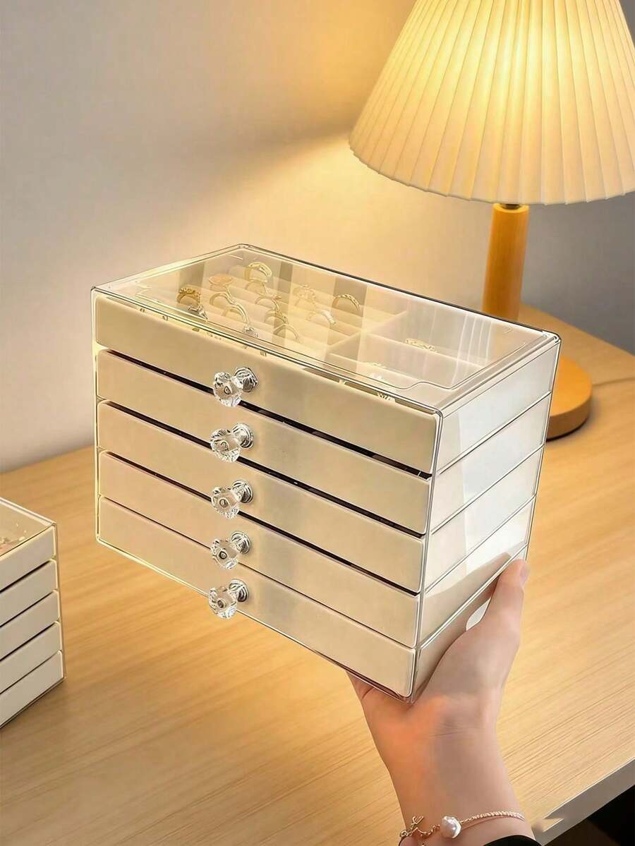1pc 7-Grid 5-Tier Velvet Jewelry Box, Drawer Style Jewelry Box, Ring Box, Earring Storage Box, 3-Layer Transparent Plastic And Velvet Drawer Jewelry Organizer - Acrylic Jewelry Box - View 1