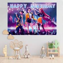 1 pieza Decoración de fondo para fiesta de cumpleaños con tema de grupo de chicas demoníacas con estilo audaz (210*150/200*140/180*135/150*100/100*75CM), Fondo de fotografía de cumpleaños feliz del grupo de chicas K-Pop, Adecuado para fans de K-Drama, Pancarta decorativa para pared de ceremonia de cumpleaños - Morado Violeta - Ver 2