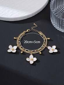 1Pc White Bohemian Anklet For Women, Handmade Oil Drop Four-Petal Flower Multilayer Summer Jewelry - màu đen - Xem 5