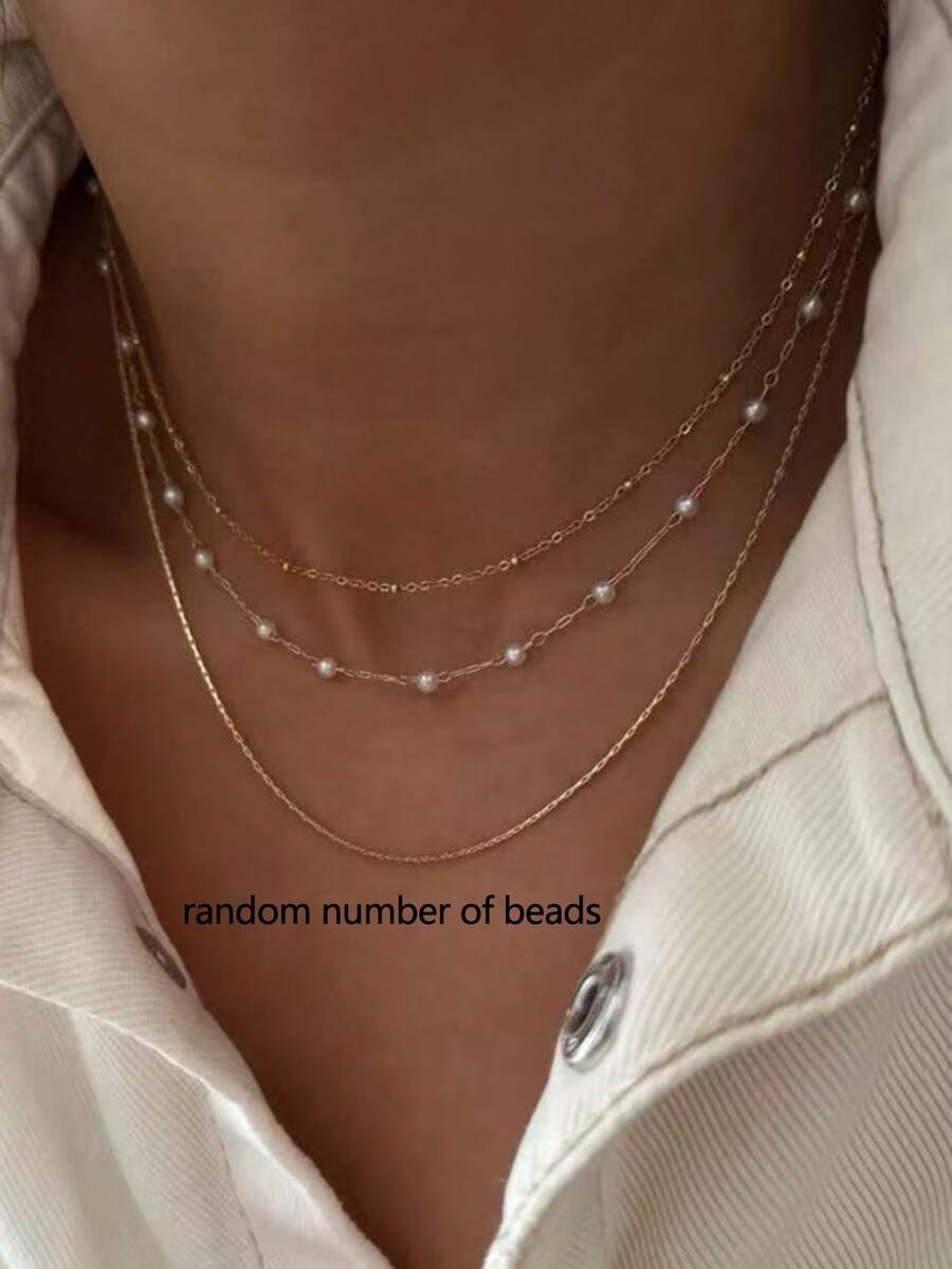 2 piezas Conjunto de collar de perlas falsas multicapa elegante para mujeres, adecuado para uso diario, citas, trabajo, reuniones con amigos (cantidad de perlas al azar) - Amarillo Oro - Ver 1