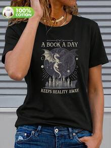Fantasy Dragon City "Daily Good Book" Pattern Short Sleeve T-Shirt - Vintage Style, Dedicated To Book Lovers | Women's Pure Cotton T-Shirt - Black - View 3