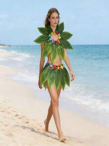 Váy lá Hawaii đi biển, váy cỏ xanh, trang phục Hawaii, đồ dùng dự tiệc mùa hè cho người lớn, phụ nữ và bé gái, lá 10 cạnh màu xanh lá cây (1 chiếc), lá 15 cạnh (1 chiếc). - váy lá vải - Xem 3