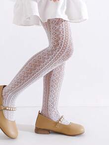1 Set Girls' Diamond Jacquard Hollow Out Leggings, 2pcs Different Style Tight Fishnet Stockings, Suitable For Outfit In Spring/Summer - White - View 4