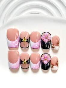 10pcs Japanese Sweet Girl Style Handmade Nail Art Set, Including Gel Nail Kit, Gold Glitter, Handcrafted 4-Petal Pink Floral Nail Decor, Brown Print, Black Nail Polish, With Nail Tools (1 Jelly Sticker + 1 Nail File), Available In 3 Sizes: Square, Short Square, Almond, Suitable For All Seasons, Perfect Gift For Girls Or Ladies Press On Nails - Multicolor - View 13