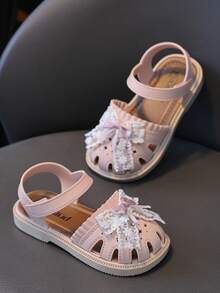 Cute Rhinestone Bow Open Toe Girls Sandals, Breathable Non-Slip Beach Holiday Shoes - Pink - View 2