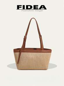 New Arrival Spring/Summer Vacation Season Straw Patchwork Tote Bag, Large Capacity Resort Style Versatile Tote Bag, Polyester & Faux Leather Material, Adjustable Strap, Suitable For Daily, Commute, Vacation - Brown - View 2