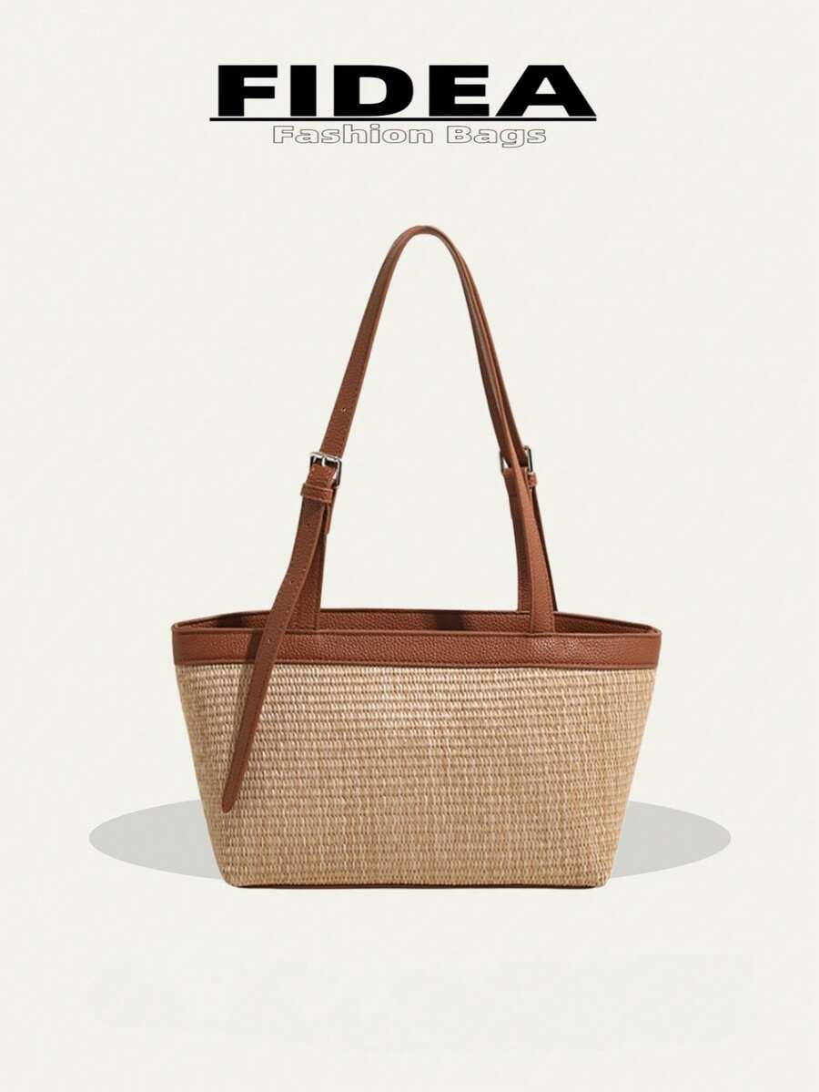 New Arrival Spring/Summer Vacation Season Straw Patchwork Tote Bag, Large Capacity Resort Style Versatile Tote Bag, Polyester & Faux Leather Material, Adjustable Strap, Suitable For Daily, Commute, Vacation