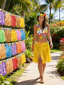 5pcs/Set Hawaiian Grass Skirt, Tropical Hawaiian Grass Skirt, Hawaiian Grass Skirt Dress, Summer Beach Vacation Dress, Hawaiian Party Gift, Party Decor, Grass Skirt, Grass Skirt Dance Performance, With Flower Wreath, Grass Skirt, Hawaiian Party Supplies, Tropical Beach Party - Multicolor - View 6