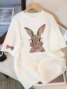 日系女式夏季宽松可爱时尚蝴蝶兔子卡通印花短袖T恤 - 白色 - 查看 1