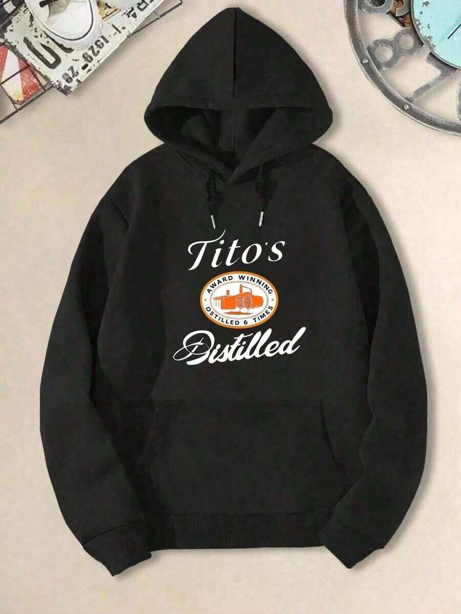 Womens Oversized Hoodies Sweatshirts Titos Distilled Vodka Logo Print Letter Print Graphic Hoodie Unisex Hoodies Long Sleeve Pocket Pullover, Fall Fashion 2025 Pullover Sweaters Winter Clothes Loose Fit Long Sleeve Drawstring Design Hoody Sweatshirt Autumn Party, Soft Fabric, Casual Wearers Gift For Women Size S-3XL - Black - View 1