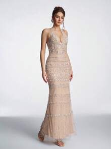 Elasola Anymoon Elegant Sequin & Faux Pearl Mesh High Waist Big Bow Backless Halter Evening Dress Fall Wedding Party - Champagne - View 6