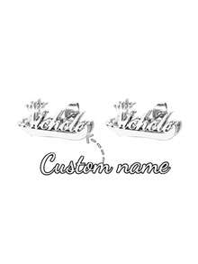 Customized Double-Layer Welded Earrings For Women, Personalized Letter Heart-Shaped Stud Earrings, Stainless Steel Crown Design 3D Nameplate Earrings - Silver - View 9