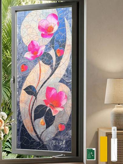  1 pieza Película de vidrio de 44.5 X 100cm con diseño floral colorido, adhesivo de vidrio esmerilado para privacidad con herramientas de instalación (17.5 X 39.4 pulgadas)