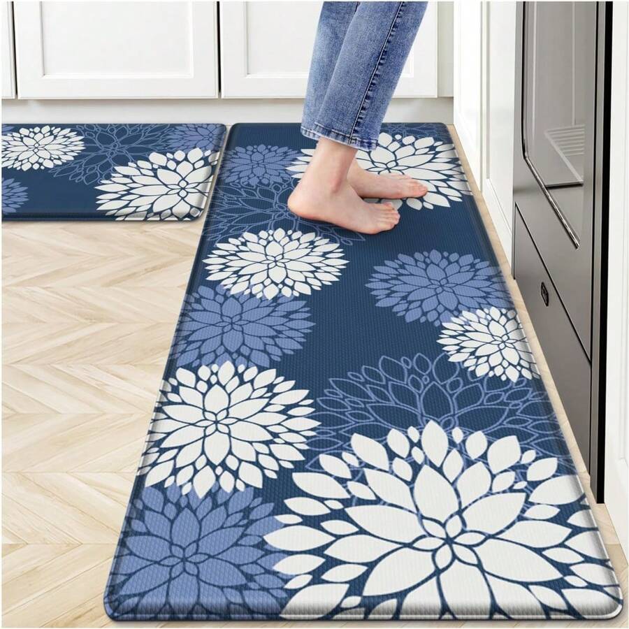 Kitchen Mats, Non-Slip Cushioned Rugs, Anti-Fatigue Waterproof Floor Rug, Washable Standing Desk, Home Laundry Office Apartment Decor And Accessories (17.3 *47 +17.3 *30-Blue) GI4F - 17.3"寬*47"長+17.3"寬*30"長-0.4"厚 - 查看 1