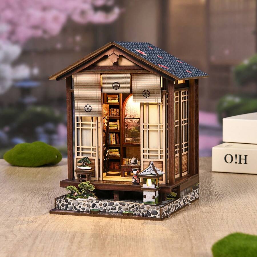 DIY Miniature House Kit With LED Light, 3D Wooden Puzzle Japanese Style Garden Study, Creative Book Nook & Shelf Decor, Model Building Hobby Gift For Adults & Teens, Ages 14+